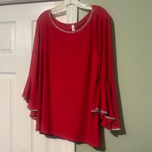 NY Collection Red Bell-Sleeve Blouse with Rhinestone Trim